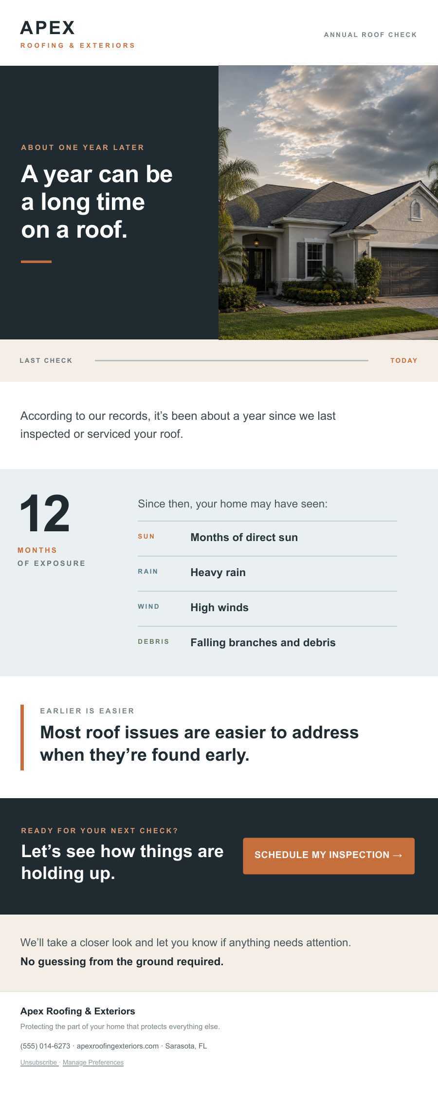 Apex Roofing and Exteriors service reminder email