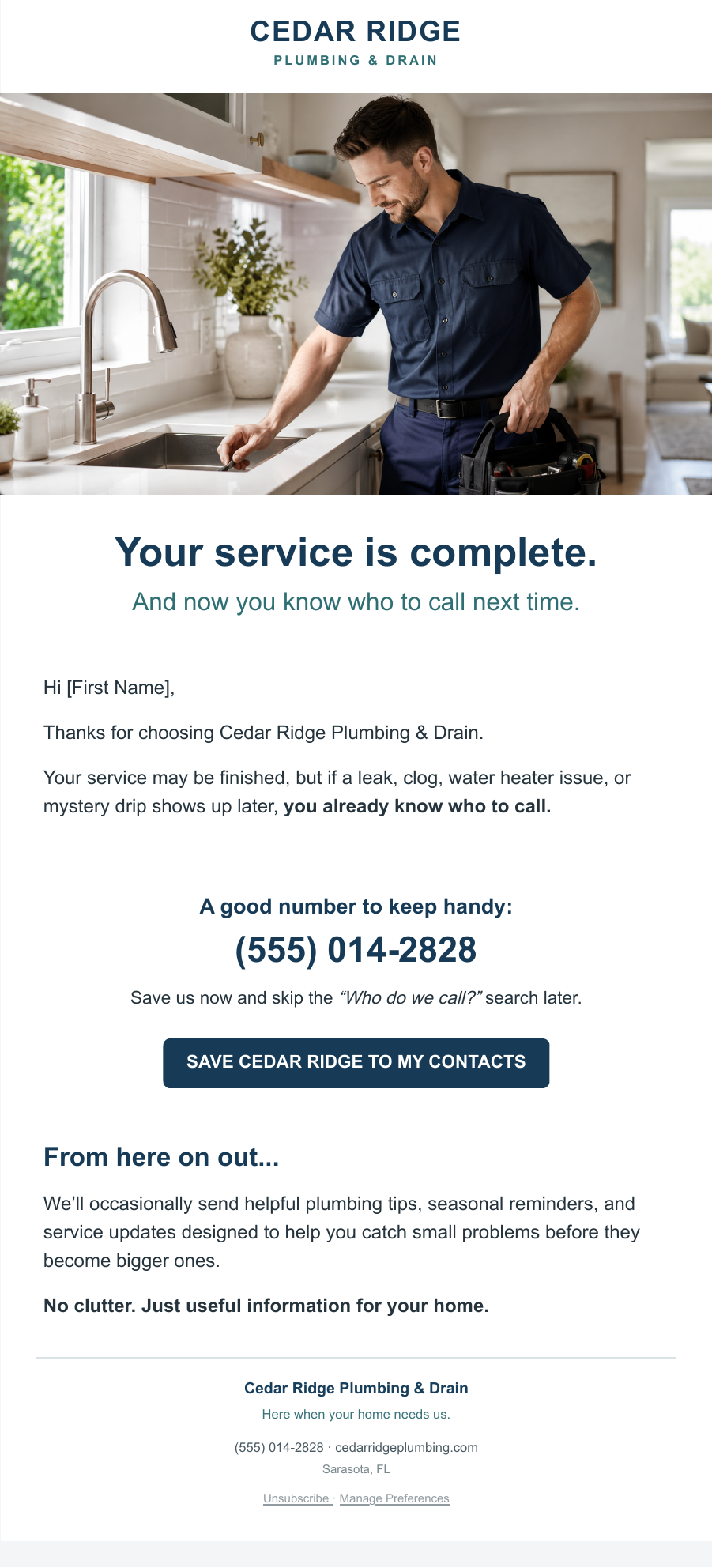 Cedar Ridge Plumbing and Drain welcome email