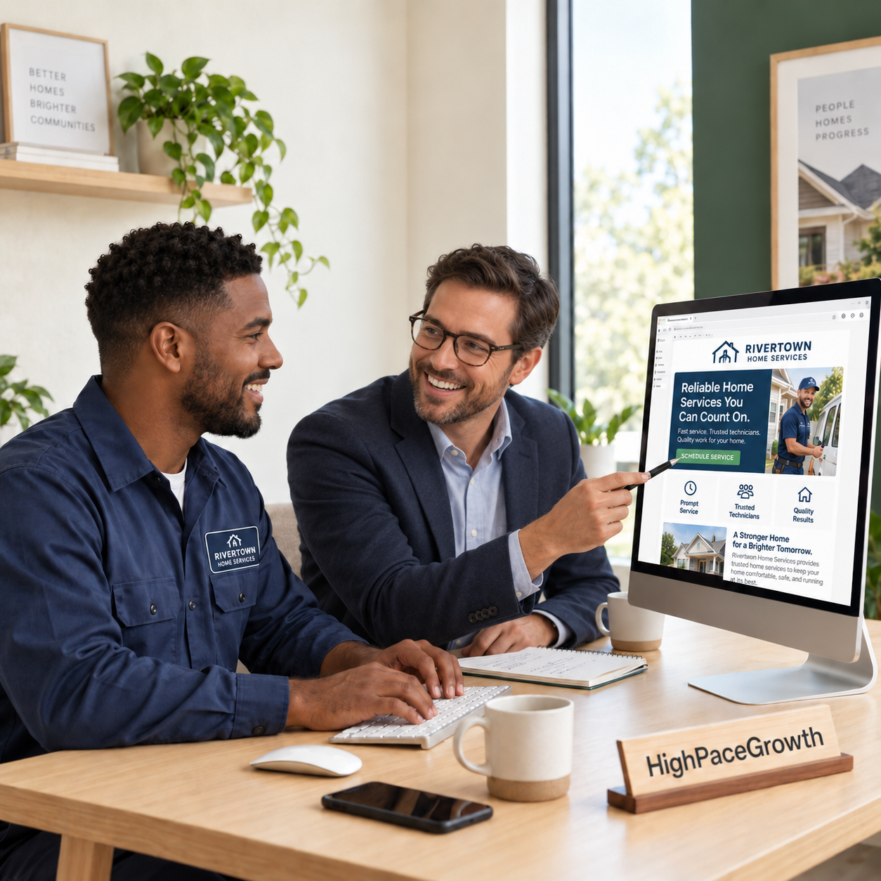 Home-service business owner and marketing adviser reviewing a campaign together