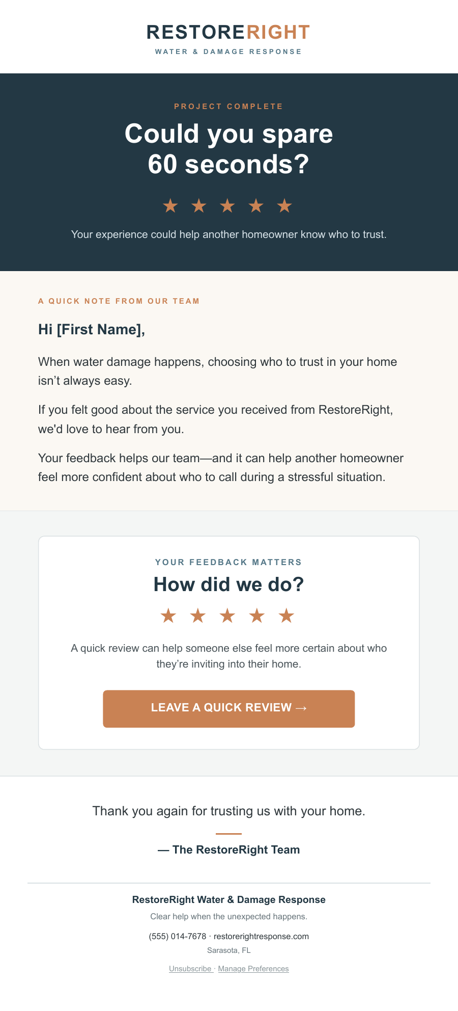 RestoreRight Water and Damage Response review request email