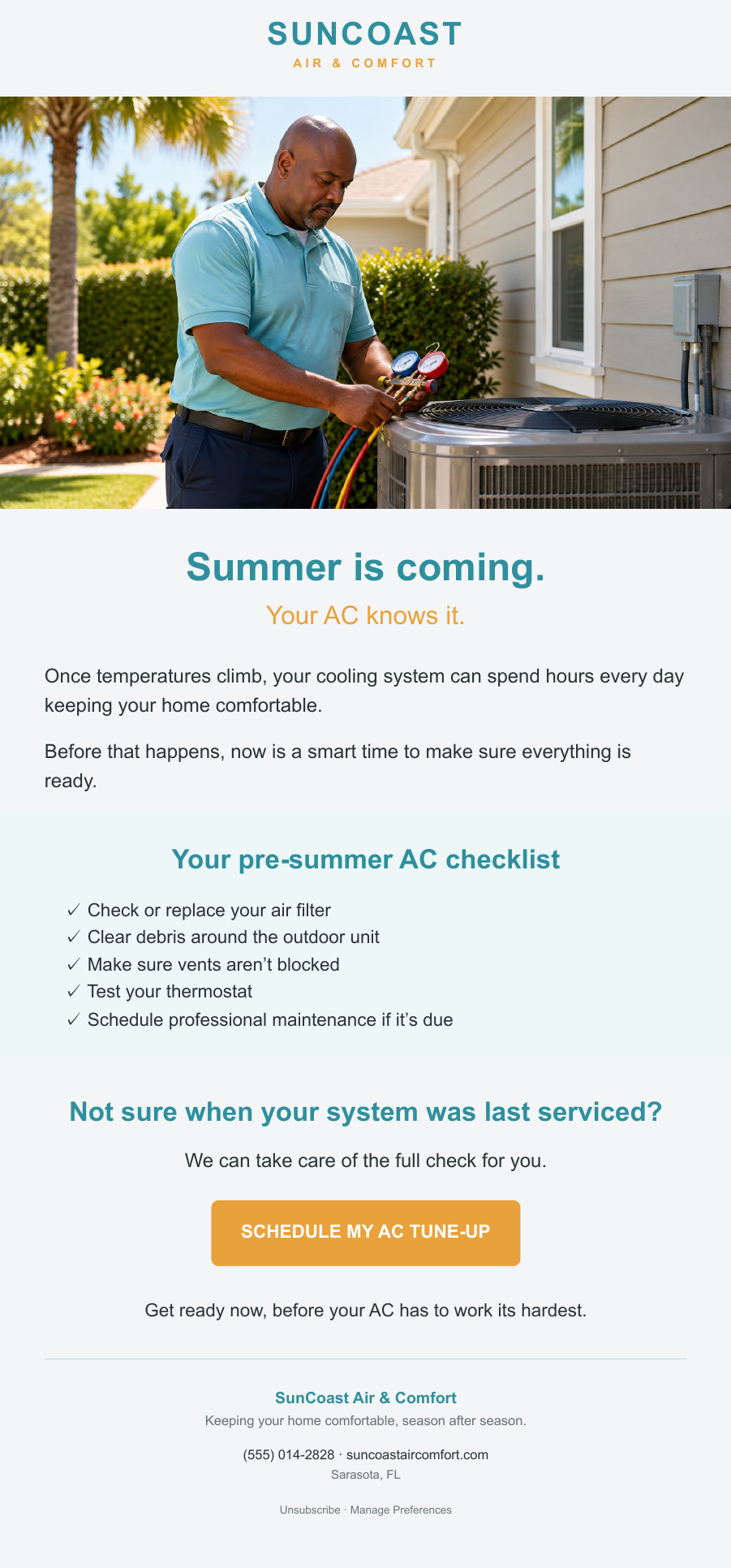 SunCoast Air and Comfort seasonal AC tune-up email